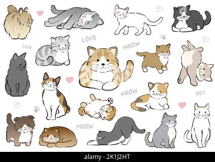 Set Of Hand-Drawn Cute Cartoonish Cats Isolated On A White Background. Vector Flat Style Illustration. Stock Vector