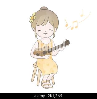 Watercolor Cute Girl Playing The Ukulele. Vector Illustration Isolated On A White Background. Stock Vector