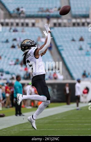 Jacksonville Jaguars cornerback Chris Claybrooks (6) runs off the field  during an NFL football game against the Las Vegas Raiders on Sunday, Nov.  6, 2022, in Jacksonville, Fla. (AP Photo/Gary McCullough Stock