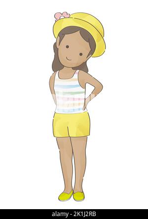 Watercolor Cute Girl Wearing A Yellow Hat. Vector Illustration Isolated On A White Background. Stock Vector