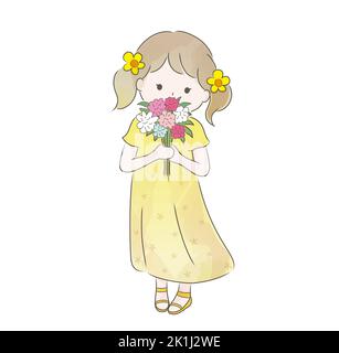 A Cute Girl Holding Flower Bouquet. Vector Watercolor Naive Illustration Isolated On A White Background. Stock Vector