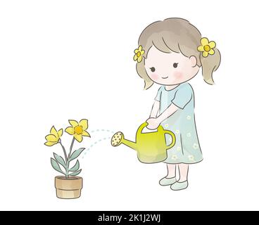 A Cute Girl Watering Potted Plants. Vector Watercolor Naive Illustration Isolated On A White Background. Stock Vector