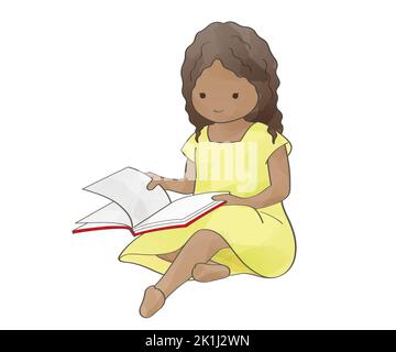 Watercolor Cute Girl Sitting And Reading A Book. Vector Illustration Isolated On A White Background. Stock Vector