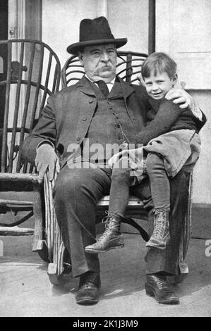 A portrait of US president Grover Cleveland, who was the 22nd and 24th president (and he is the only one to have won two non-consecutive mandate). He is seen here with his son Richard. Richard was born in 1897, so this photo is from around 1901-1902 (the boy looks to be 4-5 yrs old) and Cleveland would be around 64-65 yrs old. Stock Photo