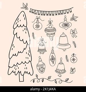 Christmas tree, Christmas balls, toys and bells, garland and flags decoration. Vector illustration. isolated linear Hand drawn doodles for New Year Stock Vector