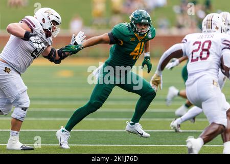 Baylor Bears linebacker Brooks Miller (41) against the Texas State Bobcats during an NCAA college Football game at McLane Stadium Saturday, Sep. 17, 2022, in Waco, Tex. Baylor won 42-7. (Eddie Kelly/Image of Sport) Stock Photo