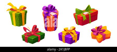 Set of gift boxes isolated on white background. Collection of colorful packages for presents of different shape and size decorated with ribbon bows. Holiday surprise vector illustration. Sale symbol Stock Vector