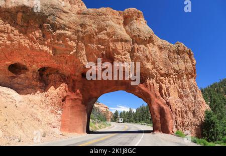 Tunnel road with a home car on the background in Zion Canyon area, Utah, USA Stock Photo
