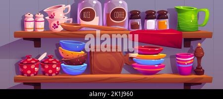 Kitchen shelves with utensil, kitchenware, cups, plates and dishes. Coffee, salt, pepper pot, wood cutting board, glass seasoning jars on wooden wall rack, household interior Cartoon illustration Stock Vector