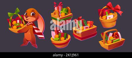 Happy cute bunny hold basket with Christmas gifts. Present hampers with gift boxes, ribbons and oranges, funny rabbit character in scarf isolated on background, vector cartoon set Stock Vector