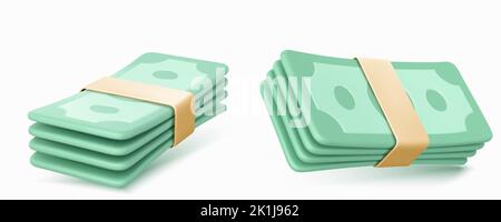 3d render money banknote piles, isolated green dollar packs on white background. Paper currency bills, finance success, casino jackpot, win, wealth, salary Vector illustration in cartoon plastic style Stock Vector