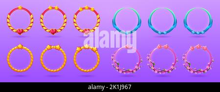Glossy circle ranking frames with stars for user avatar in game interface. Game ui elements, empty round frames with gold border, heart, ribbon and flowers, vector cartoon set Stock Vector