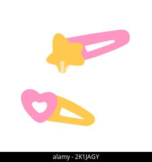 Hand-drawn cute isolated clipart illustration of star and heart shaped hairpins Stock Vector
