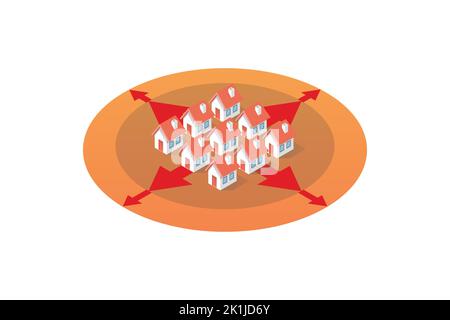Isometric of expanded residential district zoning. City expand concept. vector illustration Stock Vector