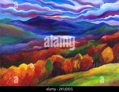 Surreal autumn landscape painting  with mountains, clouds, sunset, forest and lake. Hand painted colorful  fantasy acrylic artwork. Stock Photo