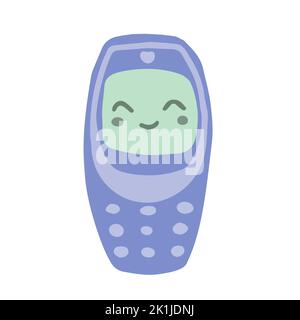 Hand-drawn cute isolated clipart illustration of y2k old cell phone with smiling face Stock Vector