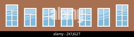 Windows in white frames. Set windows icon. collection Various windows. Interior and exterior elements. vector illustration Stock Vector
