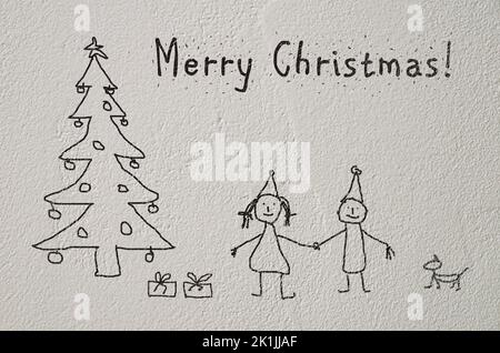 New Year greeting card painted by the children on the wall Stock Photo