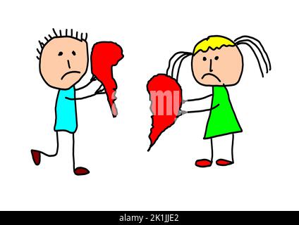Concept of divorce, misunderstanding in family, drawn by a child. Broken heart  symbolizing the end of love. Stock Photo