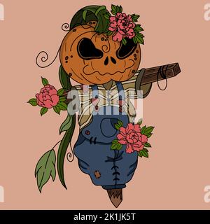 scarecrow with pumpkin head in flowers halloween illustration. Vector illustration Stock Vector