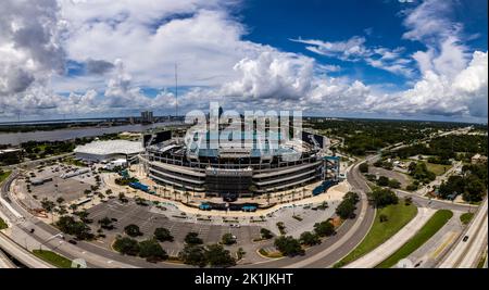 The aerial view of the TIAA Bank Field stadium under the blue cloudy sky in Jacksonville Stock Photo