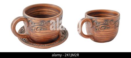 Brown ceramic cups from different angles, one on a saucer. Stock Photo