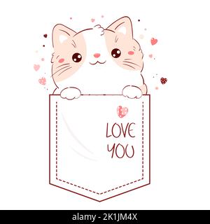 Cute Valentine card in kawaii style. Lovely cat in pocket. Inscription Love you. Baby print with kitty in pocket. Childish print with funny pet for t- Stock Vector