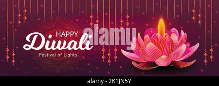 Happy Diwali Luxury Purple Horizontal Website Header Vector Illustration. Fairy lights and Lotus Diya. Hindu Festival celebration banner design. Socia Stock Vector