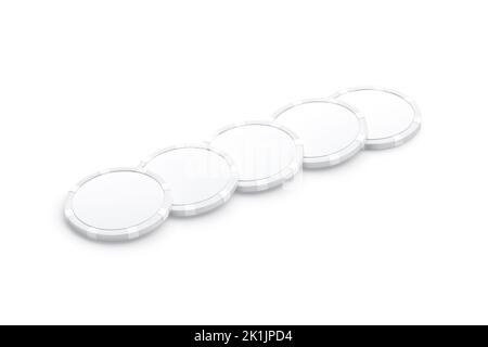 Blank white plastic round chip mockup lying row, side view Stock Photo