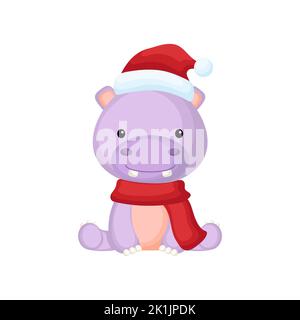 Cute little hippo sitting in a Santa hat and red scarf. Cartoon animal character for kids t-shirts, nursery decoration, baby shower, greeting card Stock Vector