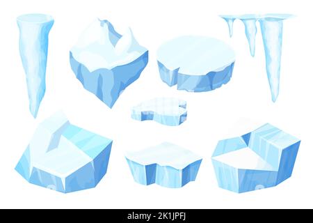 Set Ice floe, frozen water piece, iceberg in cartoon style isolated on white background. Polar landscape element, ui game asset. Winter decoration. Vector illustration Stock Vector