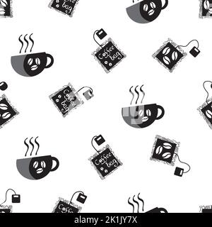 Coffee bag and cups vector seamless pattern background. Black white backdrop with disposable freshly brewed sachets of lattes, americanos. Grunge hand Stock Vector