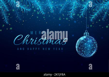 Wireframe Christmas ball and Christmas tree branches, low poly style. New Year banner. Abstract modern 3d vector illustration on blue background. Stock Vector