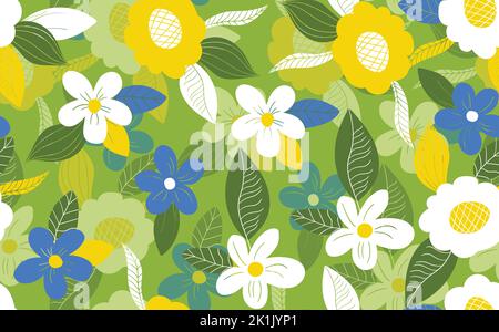Seamless floral pattern based on traditional folk art ornaments. Colorful flowers on color background. Scandinavian style. Sweden nordic style. Vector Stock Vector