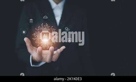 The transformation of ideas and the adoption of technology in business in the digital age, enhancing global business capabilities. Ai, Digital transfo Stock Photo