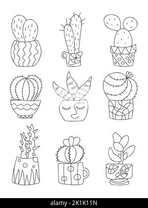 Cactus succulents in pots set. Cute doodle simple hand drawn home plants. Zentangle patterned flowerpots. Funny kids design nursery decor textile home interior. House gardening. Vector illustration. Stock Vector