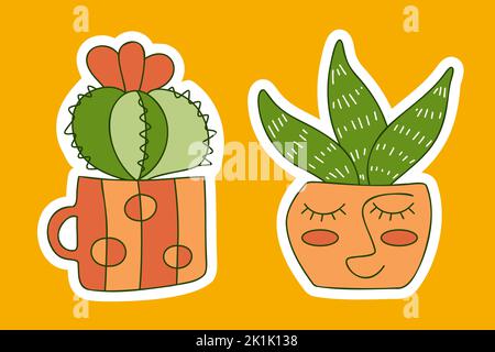Cute blossom cactus succulent pots stickers. Color doodle hand drawn home plants. Zentangle patterned and facelike flowerpots. Perfect for cards nursery decor print textile. Vector illustration. Stock Vector