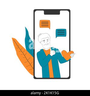 Elderly bearded man puts likes, shows class gesture, leaves comments on social media, chatting with support using smartphone. Happy granparent online communicate, feedback, dating vector illustration. Stock Vector