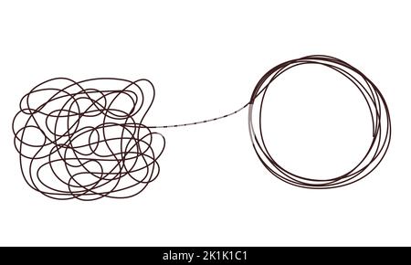 Tangle chaos, psychoterapy concept. Business design in one line, order theory. Doodle graphic spiral solution. Vector object isolated on white Stock Vector