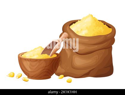 Corn flour in wooden bowl with seeds. Healthy gluten free food. Powde in organic product. Vector illustration isolated on white background Stock Vector