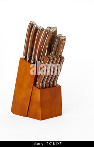 A wooden knife block for a kitchen