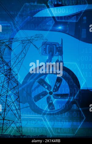 The evening electricity pylon silhouette against black background with shiny hexagons Stock Photo