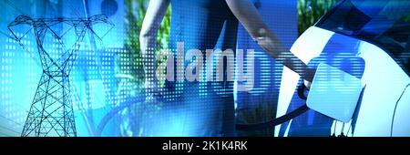 Binary code on digital screen against the evening electricity pylon silhouette Stock Photo