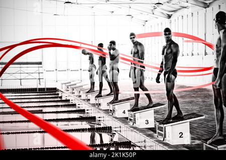 Grey line design against swimmers ready to plunge Stock Photo