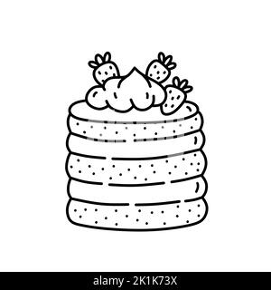 Piece of strawberry cake isolated on white background. Cute dessert decorated with berries. Vector hand-drawn illustration in doodle style. Stock Vector