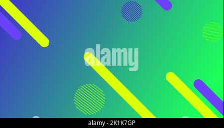 Image of glowing multiple multi coloured vibrant abstract shapes moving in hypnotic motion in seamless loop on gradient green background. Colour and m Stock Photo