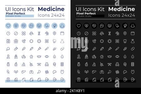 Medicine pixel perfect linear ui icons set for dark, light mode Stock Vector