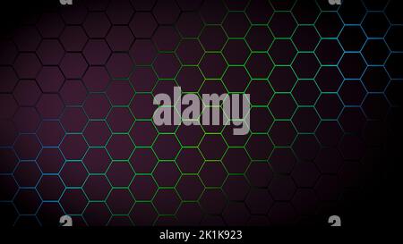 3d hexagon black background. Technology abstract geometry dark backdrop with honeycomb and neon texture. Science, technology, network concept. High quality 3d illustration Stock Photo