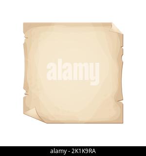 Old parchment paper, page empty medieval letter in cartoon style isolated on white background. Game asset, grunge frame, manuscript. Vector illustration Stock Vector