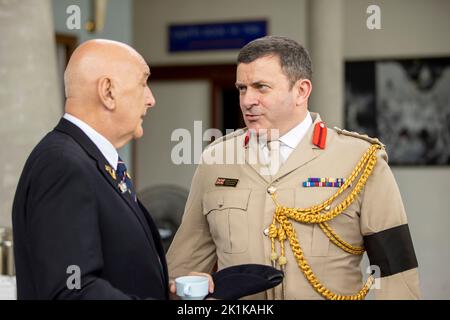 Pattaya, Thailand. 19th Sep, 2022. UK defense attache Colonel Tony Stern with Roy Wilson, secretary Royal British Legion, Thailand during a special commemoration service marking the death of Her Late Majesty Queen Elizabeth II at the Mahatai Convention Center Father Rays Foundation on September 19, 2022 in PATTAYA, THAILAND (Photo by Peter van der KloosterAlamy Live News) Credit: peter Van der Klooster/Alamy Live News Stock Photo